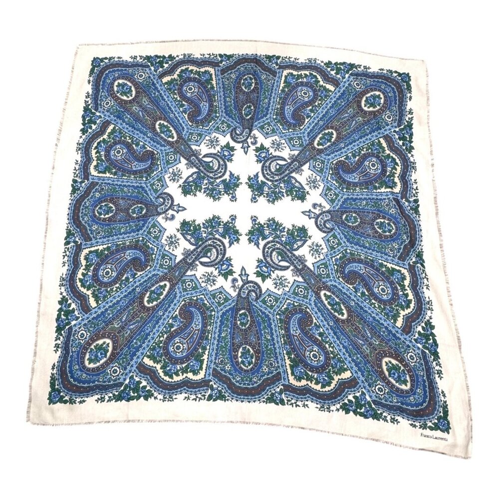 Vintage Franco Laurenti Blue & White Paisley Peacock Floral Scarf 47" X 44" Boho